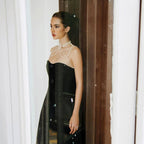 Strapless Pearl Chain Black Gown H7007