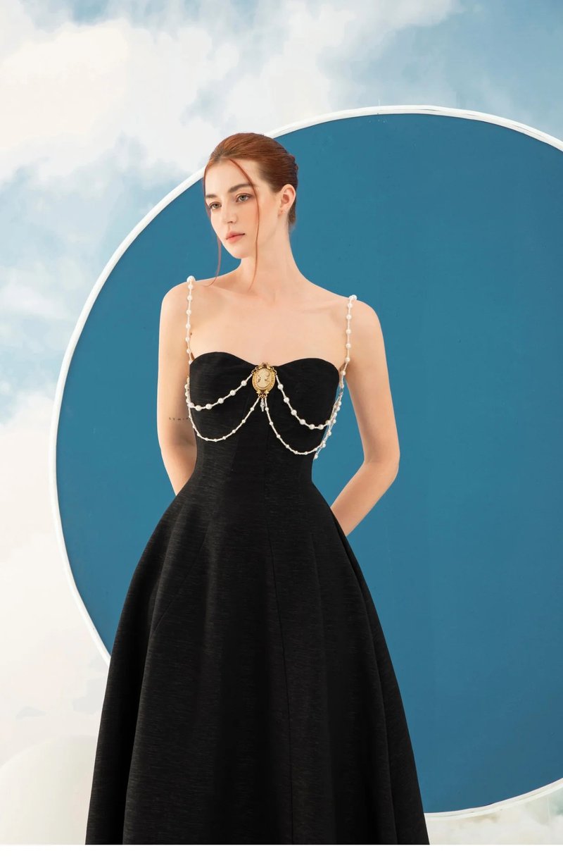 Strapless Pearl Chain Black Gown H7007