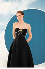 Strapless Pearl Chain Black Gown H7007