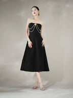 Strapless Pearl Chain Black Gown H7007