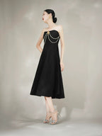 Strapless Pearl Chain Black Gown H7007