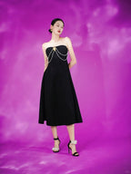 Strapless Pearl Chain Black Gown H7007