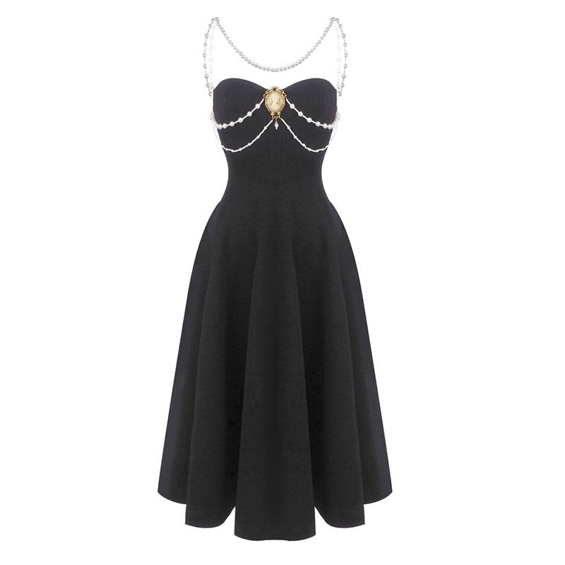 Strapless Pearl Chain Black Gown H7007