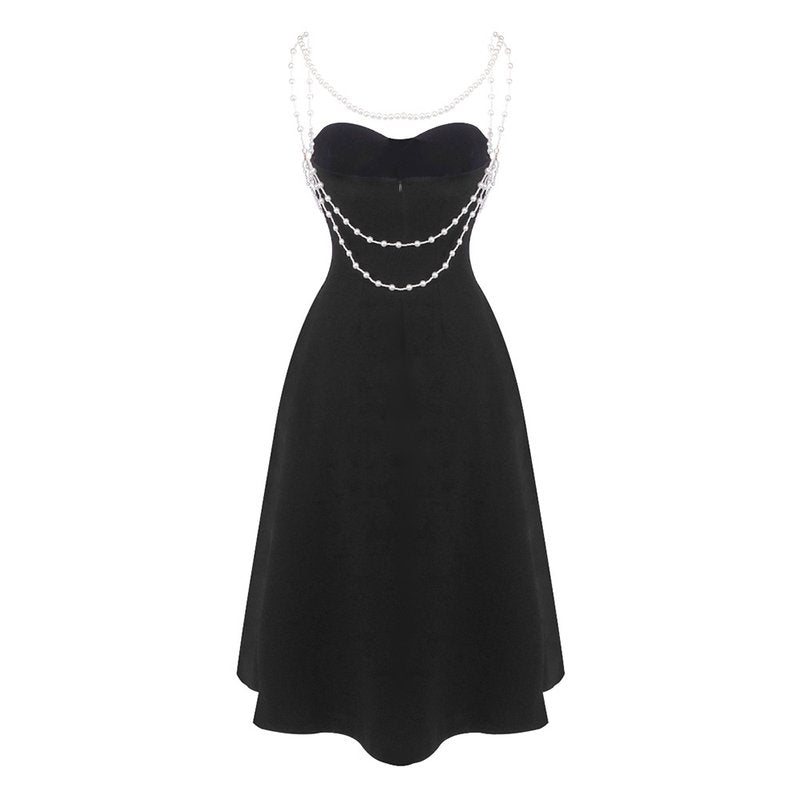 Strapless Pearl Chain Black Gown H7007