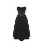 Strapless Pearl Chain Black Gown H7007