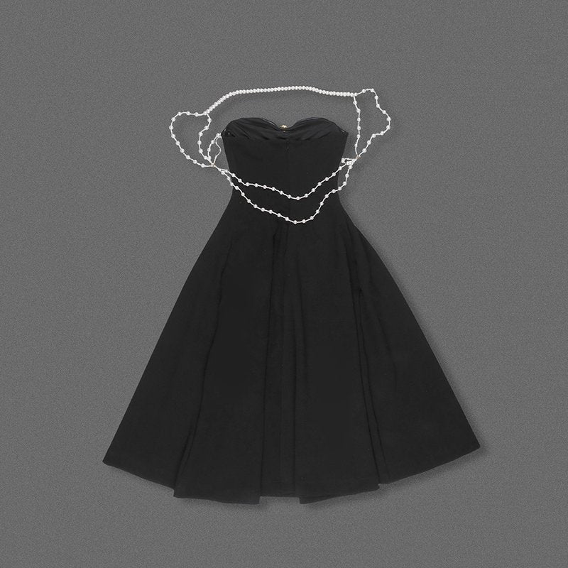 Strapless Pearl Chain Black Gown H7007