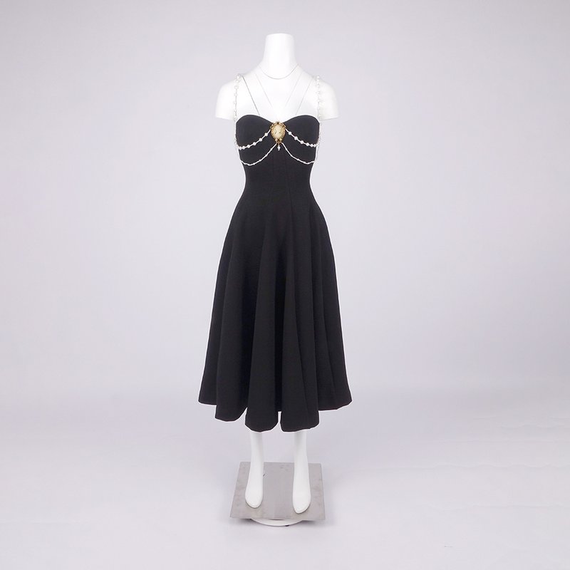 Strapless Pearl Chain Black Gown H7007