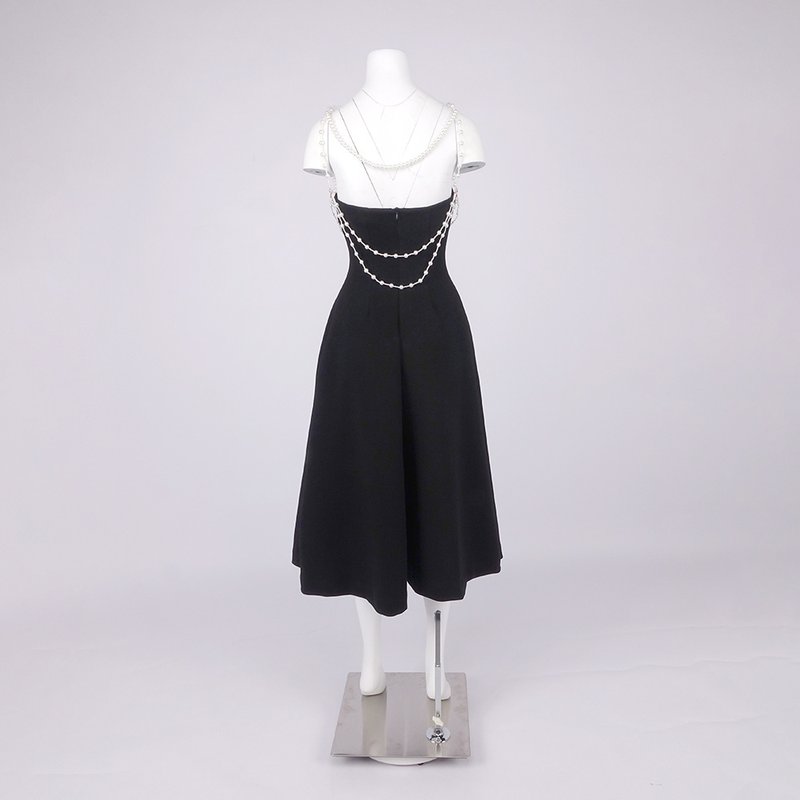 Strapless Pearl Chain Black Gown H7007