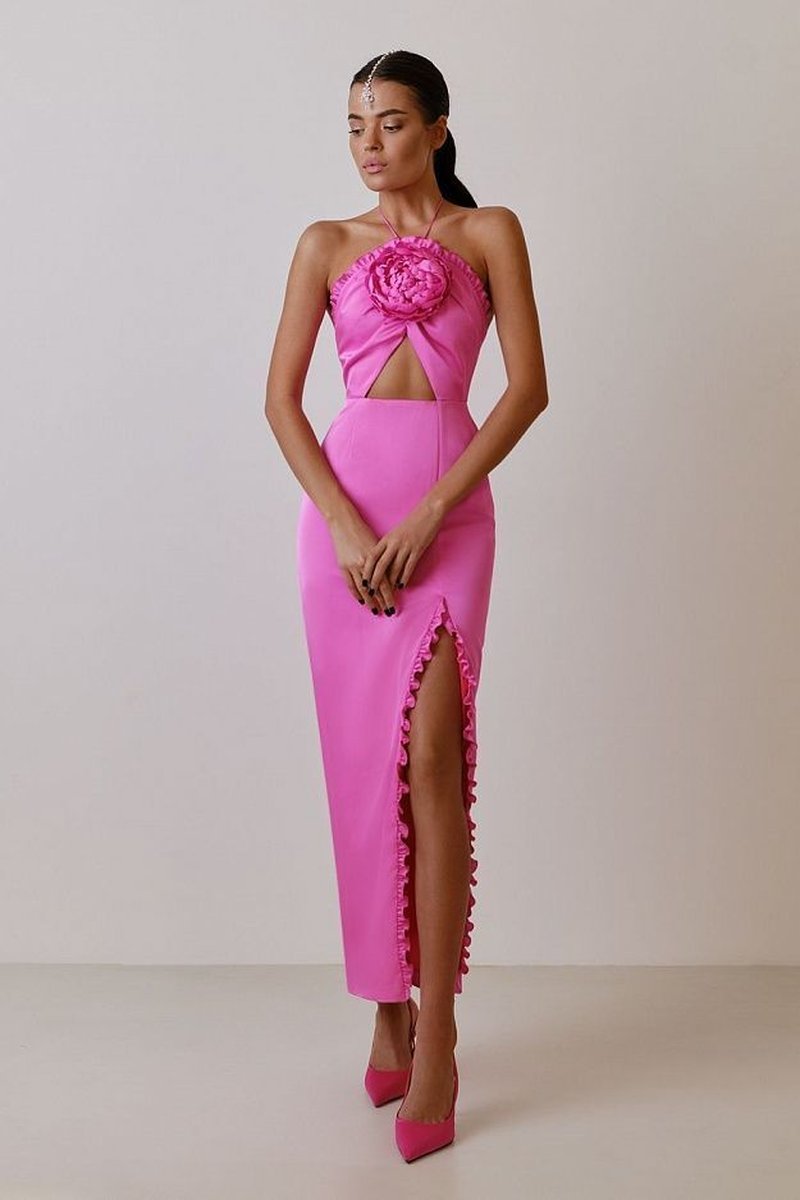Strapless Pink Floral Cutout Midi Dress H6057