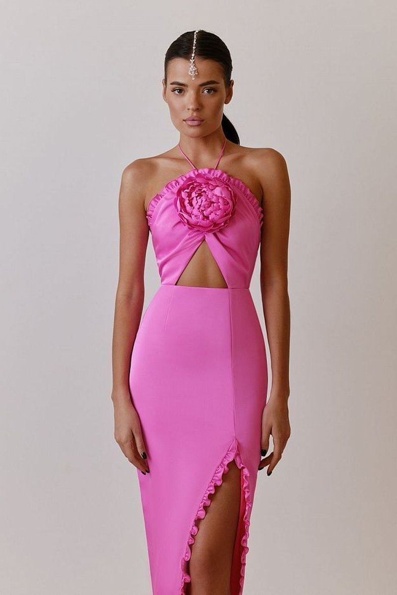 Strapless Pink Floral Cutout Midi Dress H6057