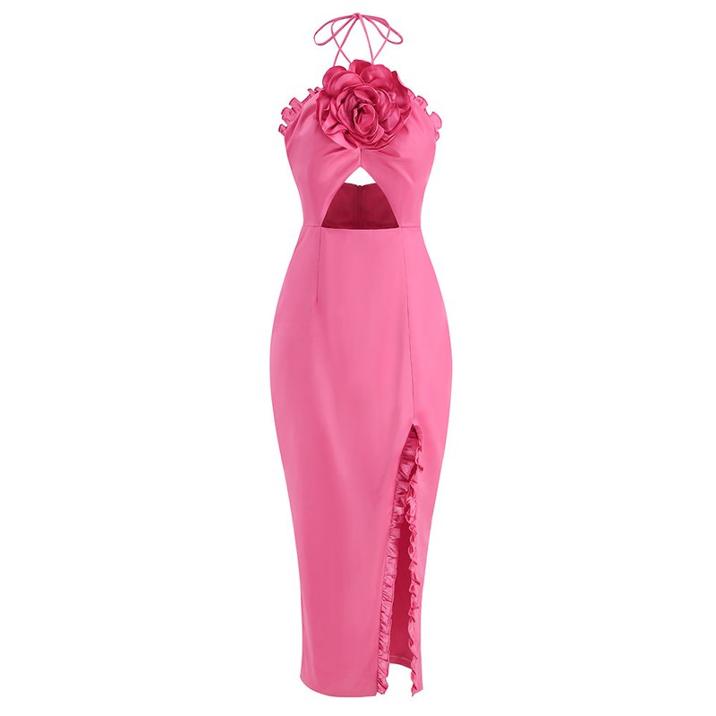 Strapless Pink Floral Cutout Midi Dress H6057