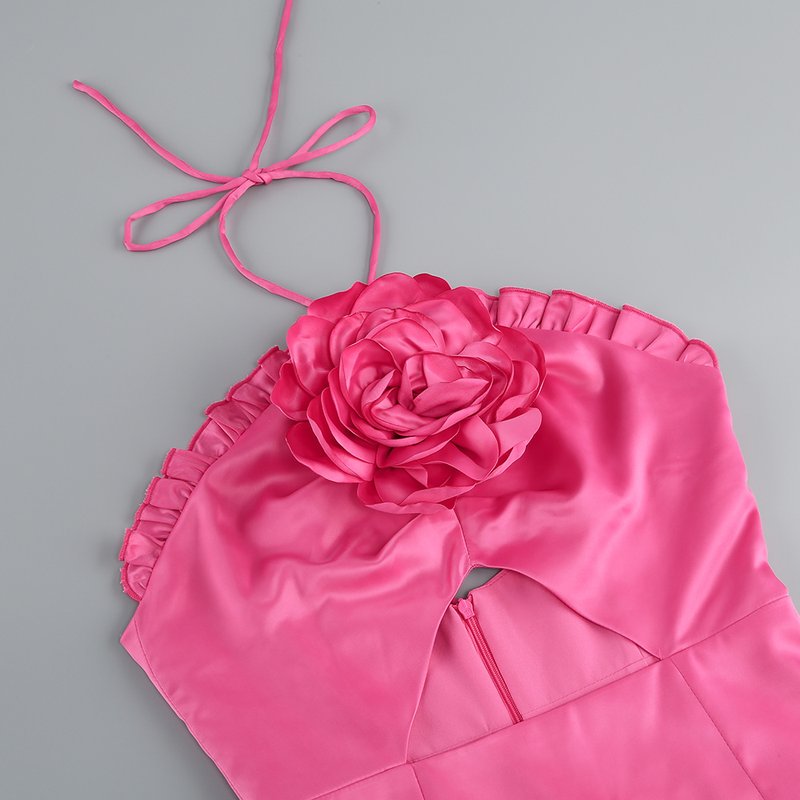 Strapless Pink Floral Cutout Midi Dress H6057