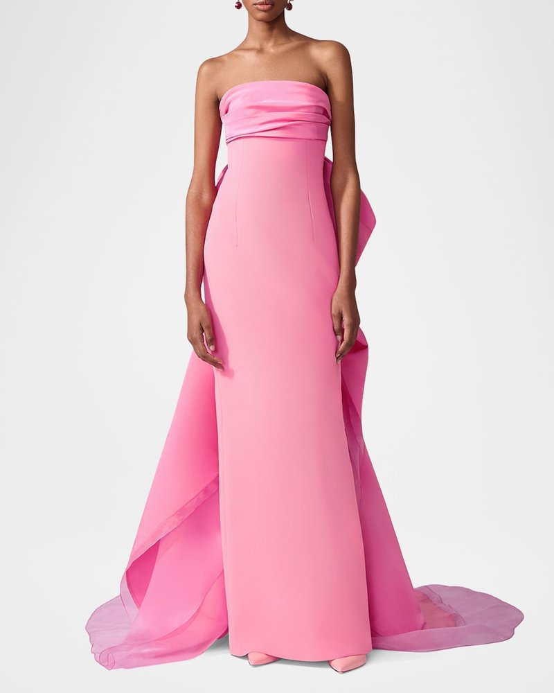 Strapless Pink Satin Gown with Draped Train H7103