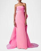Strapless Pink Satin Gown with Draped Train H7103
