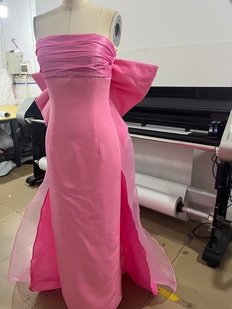 Strapless Pink Satin Gown with Draped Train H7103