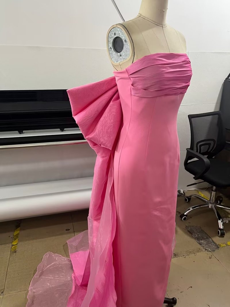 Strapless Pink Satin Gown with Draped Train H7103
