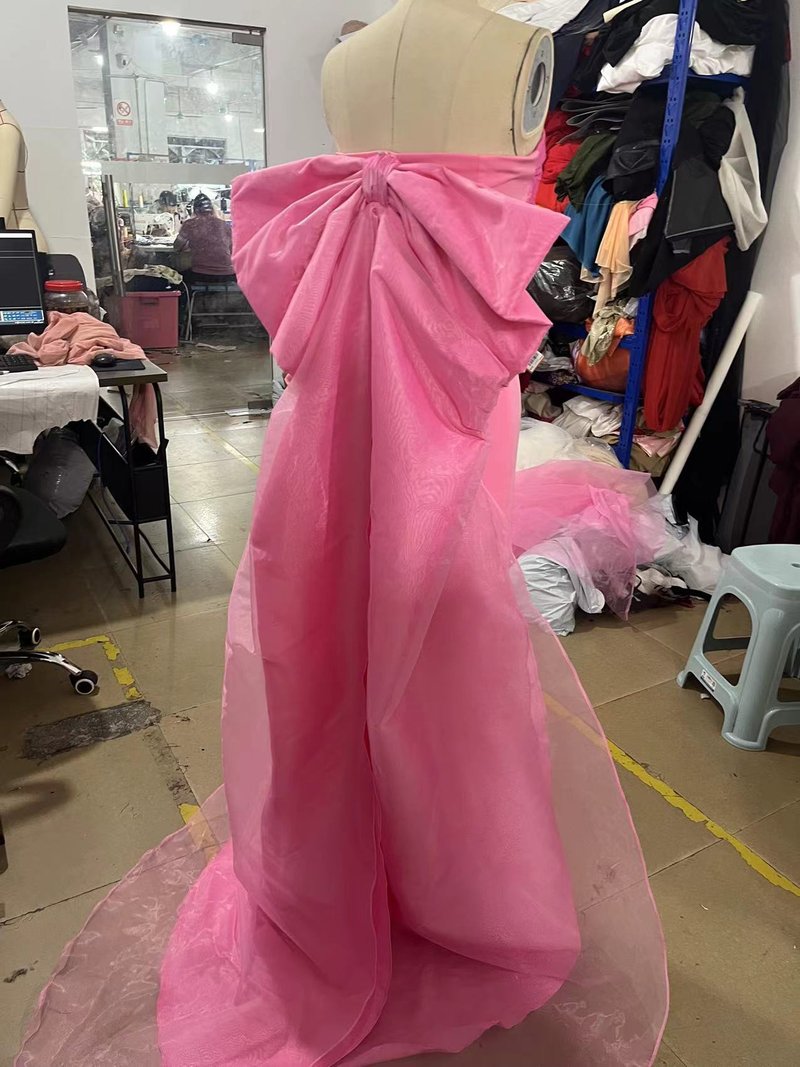 Strapless Pink Satin Gown with Draped Train H7103