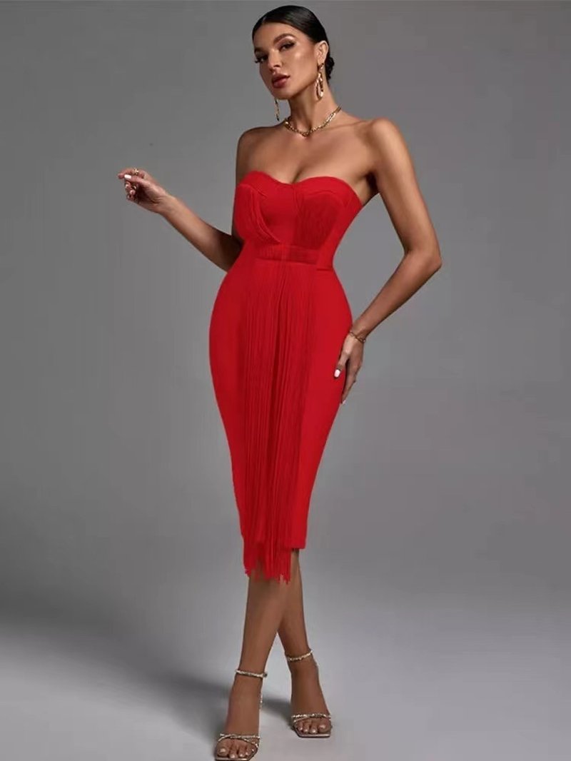 Strapless Pleated Fringe Midi Dress H6141