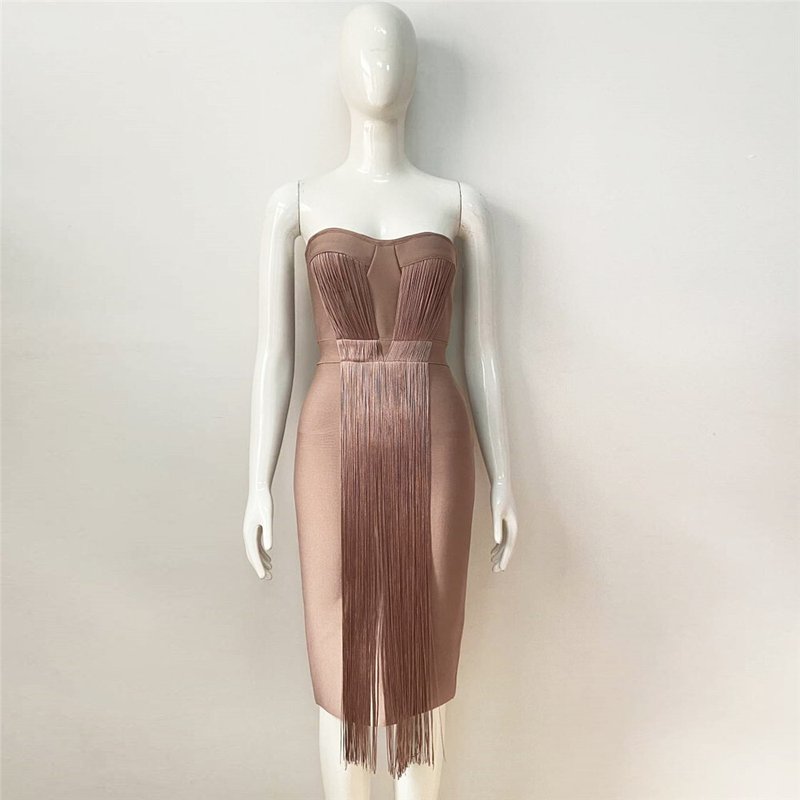 Strapless Pleated Fringe Midi Dress H6141