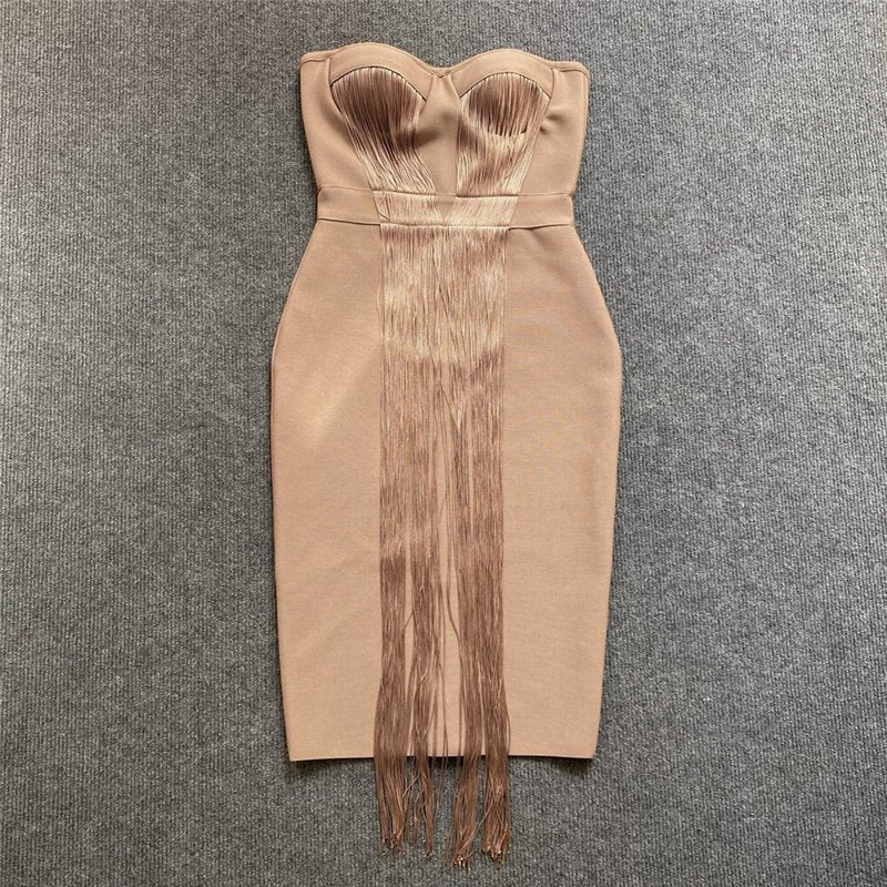 Strapless Pleated Fringe Midi Dress H6141