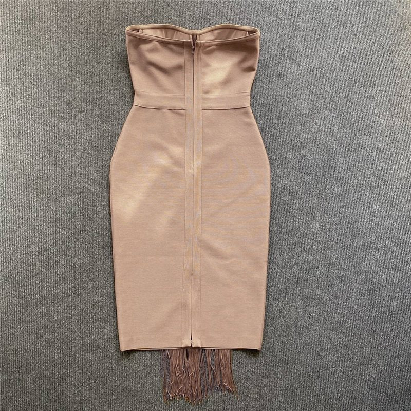 Strapless Pleated Fringe Midi Dress H6141