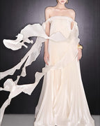 Strapless Pleated Satin Gown with Draped Ribbon H7104