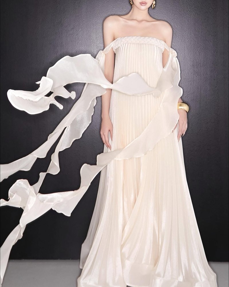 Strapless Pleated Satin Gown with Draped Ribbon H7104