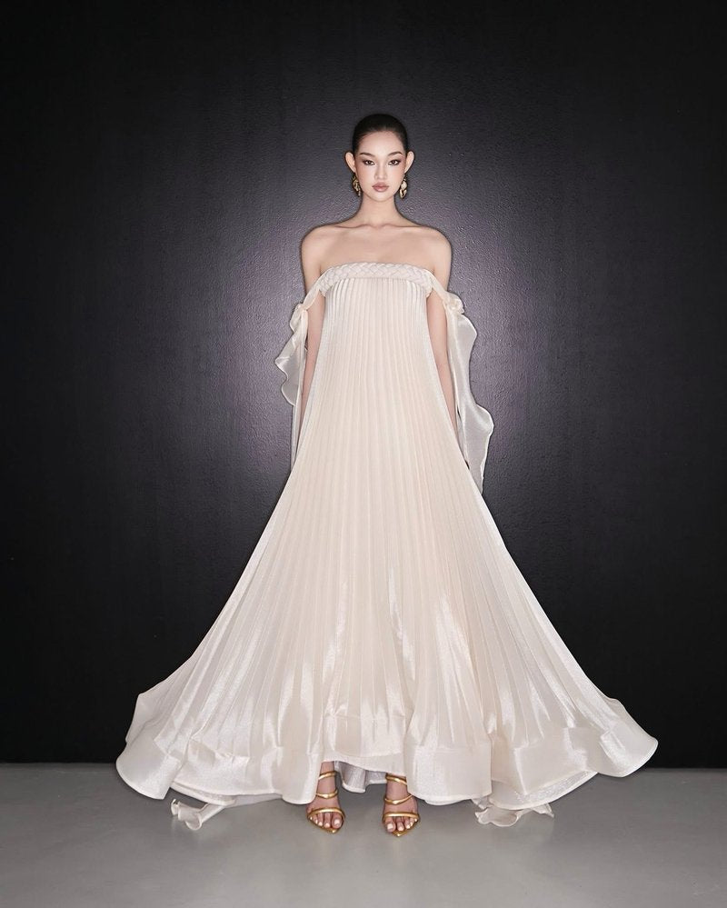 Strapless Pleated Satin Gown with Draped Ribbon H7104