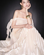 Strapless Pleated Satin Gown with Draped Ribbon H7104