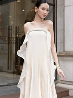 Strapless Pleated Satin Gown with Draped Ribbon H7104