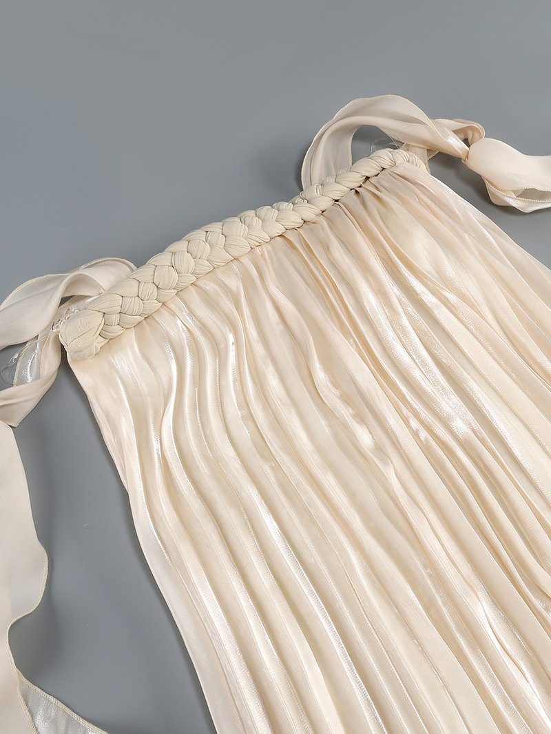 Strapless Pleated Satin Gown with Draped Ribbon H7104