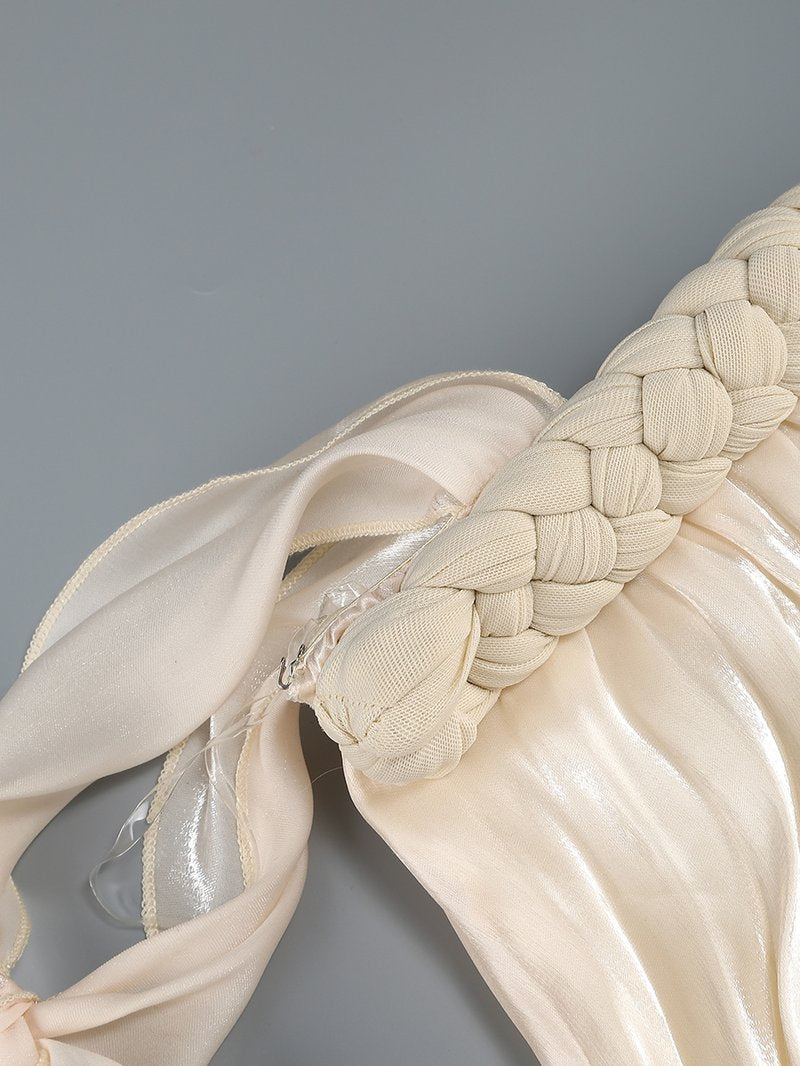 Strapless Pleated Satin Gown with Draped Ribbon H7104