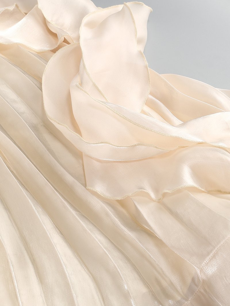Strapless Pleated Satin Gown with Draped Ribbon H7104
