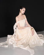 Strapless Pleated Satin Gown with Flowing Ribbon H7104
