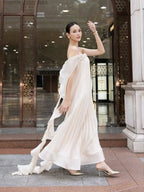Strapless Pleated Satin Gown with Flowing Ribbon H7104