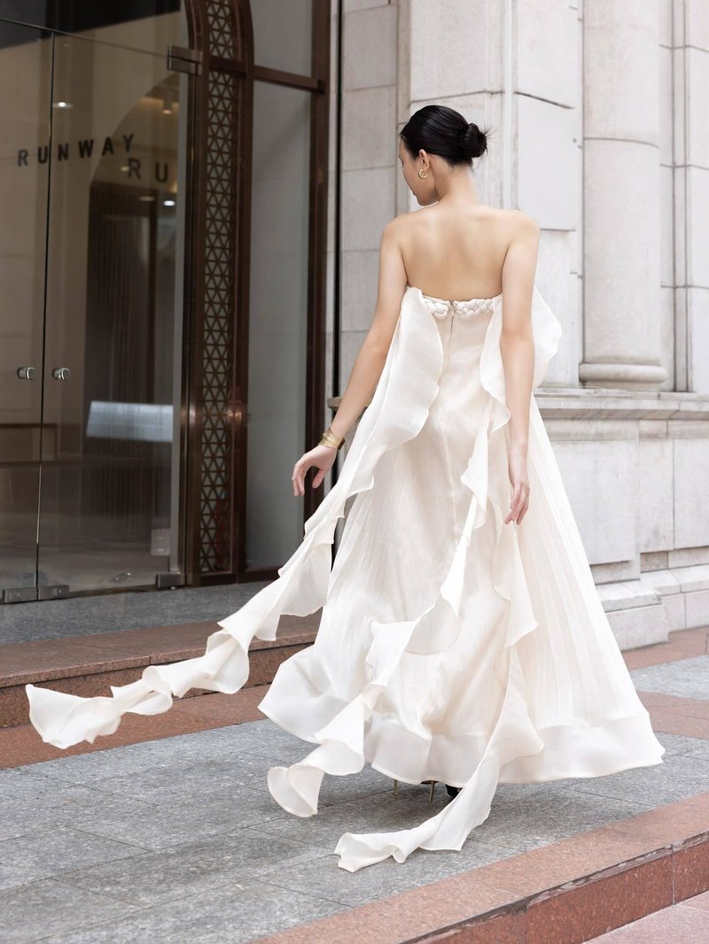 Strapless Pleated Satin Gown with Flowing Ribbon H7104