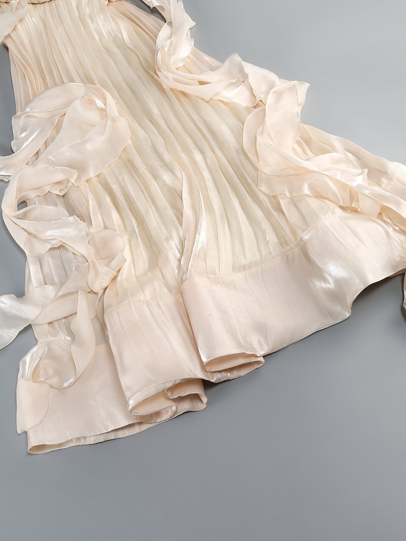 Strapless Pleated Satin Gown with Flowing Ribbon H7104