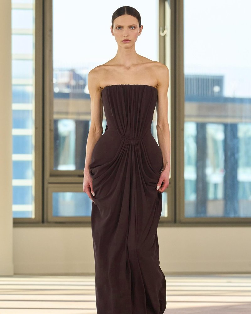 Strapless Pleated Satin Maxi Dress H7129