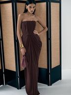 Strapless Pleated Satin Maxi Dress H7129