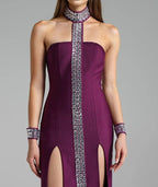Strapless Purple Gown with Crystal Trim H6677