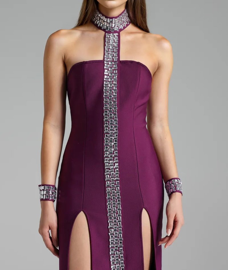 Strapless Purple Gown with Crystal Trim H6677