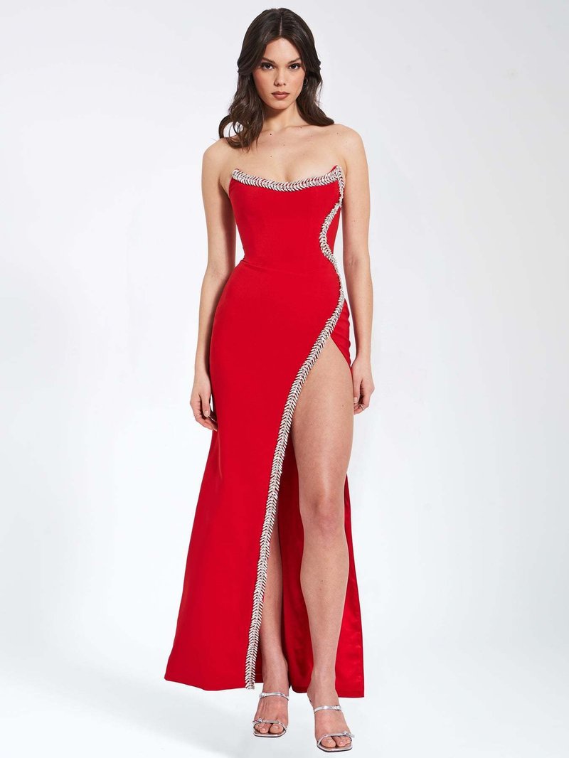 Strapless Red Embellished Gown with High Slit H6344