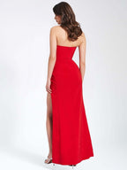 Strapless Red Embellished Gown with High Slit H6344