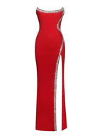 Strapless Red Embellished Gown with High Slit H6344