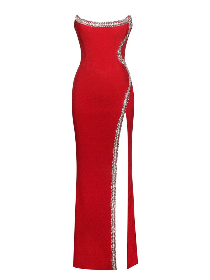 Strapless Red Embellished Gown with High Slit H6344