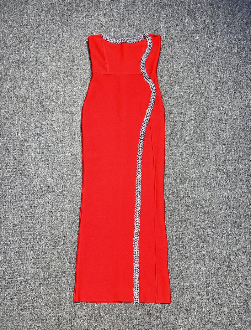 Strapless Red Embellished Gown with High Slit H6344