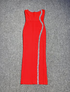 Strapless Red Embellished Gown with High Slit H6344