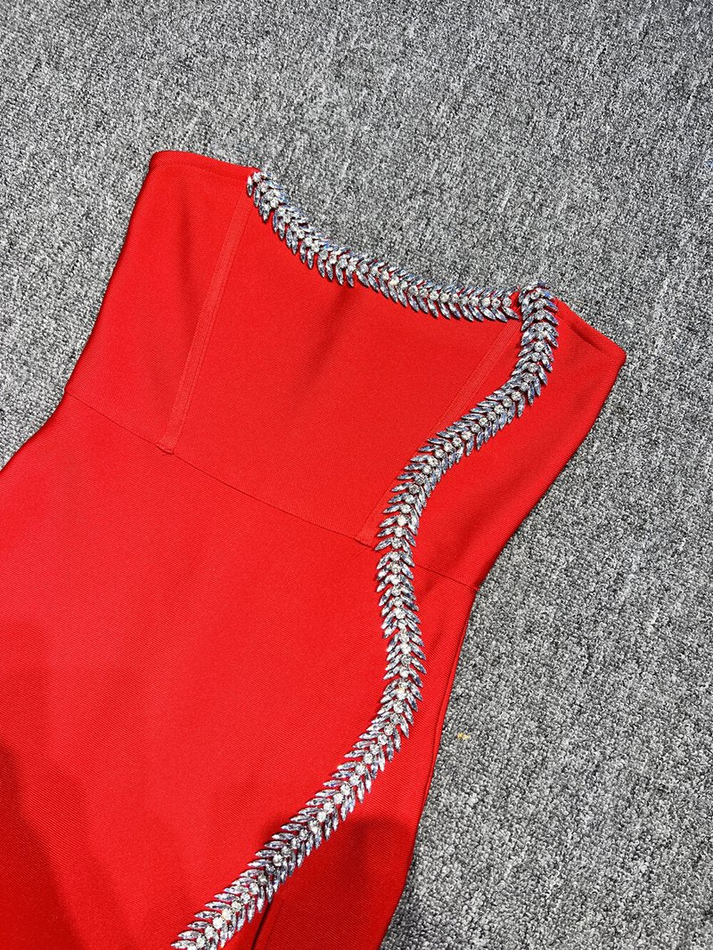 Strapless Red Embellished Gown with High Slit H6344