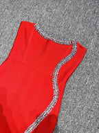 Strapless Red Embellished Gown with High Slit H6344