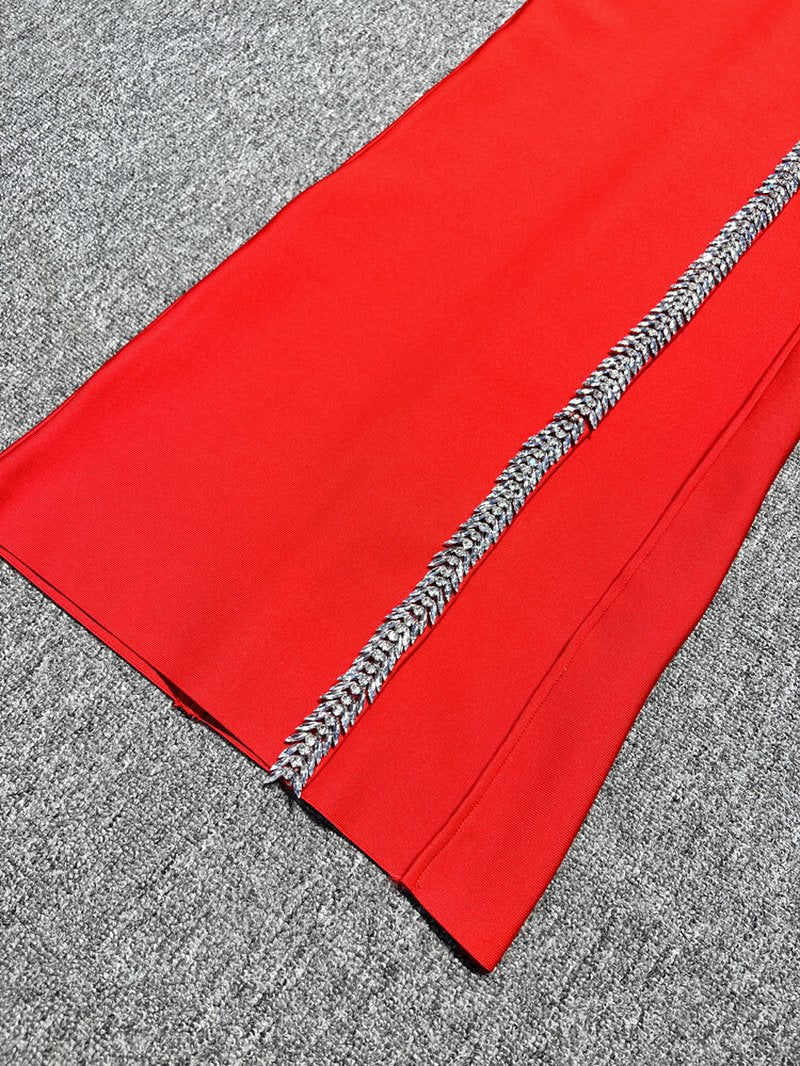 Strapless Red Embellished Gown with High Slit H6344